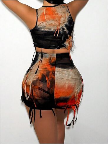 Floerns Women's 2 Piece Outfit Tie Dye Fringe Trim Crop Tank Top with Mini Skirt Set in Saudi Arabia