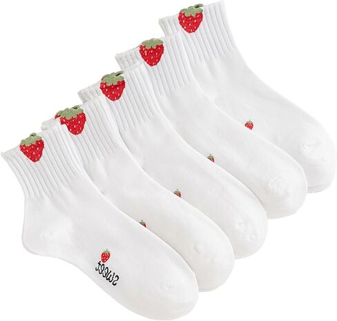 5 Pairs Strawberry & Letter Socks, Cute & Sweet Mid Tube Socks, Women's Stockings & Hosiery Coquette Girly 5-9 Size in Kuwait