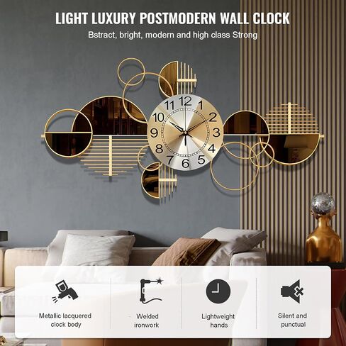 Metal Wall Clock Decorative 3D Metal Wall Art Clock for Living Room Bedroom Creative Modern Big Wall Clock Decor with Silent No-Ticking 34 X 17.7 inch in Saudi Arabia