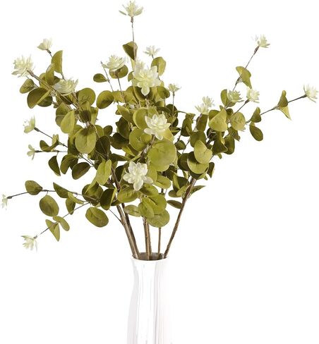 UiiziC Artificial Leaf Stem Flower Little Lotus Branches Fake 6pcs 24" Plastic Plants for Vase Stuffing Arrangement Garland Wedding Bouquets Home Centerpieces Decor (Frost-Green and Beige White) in Saudi Arabia