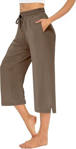 Auruza Capri Pants للنساء ، صالة الرباط الواسعة الساق غير رسمية مع جيوب ، تجريب مريح اليوغا كابريس إيفري داي in Kuwait