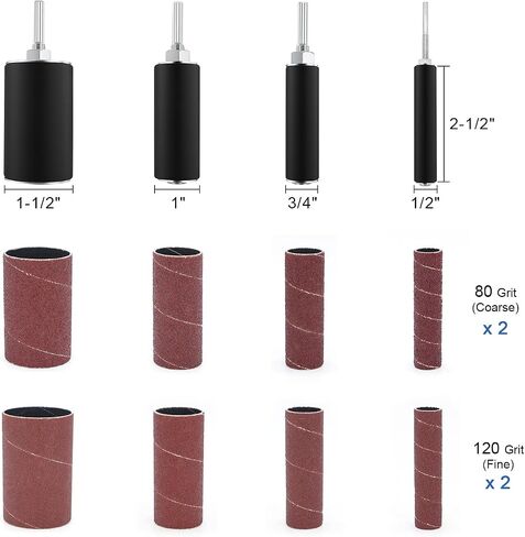 1-1/2’’,1’’, 1/2’’Sanding Drum and Sleeves Set with 1/4’’ Shank and 2 Rubber Erasers, Drill Sanding Kit for Sanding Polishing Multiple Materials Wood Fiberglass Metal, 80, 120 Grit-27PCS in Kuwait