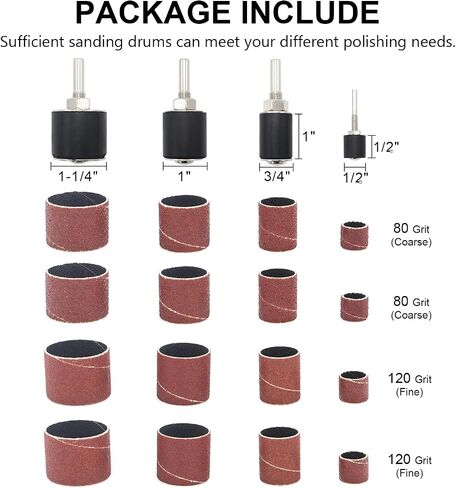 1-1/2’’,1’’, 1/2’’Sanding Drum and Sleeves Set with 1/4’’ Shank and 2 Rubber Erasers, Drill Sanding Kit for Sanding Polishing Multiple Materials Wood Fiberglass Metal, 80, 120 Grit-27PCS in Kuwait