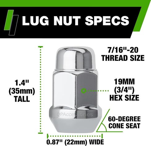 DPAccessories Chrome 7/16-20 Lug Nuts | Closed End Bulge Acorn | 36mm (1.4") Tall | 19mm (3/4") Hex | Set of 24 | D3111-HT-2305/24 in Kuwait
