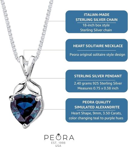 Peora محاكاة قلادة قلادة Alexandrite Heart 925 Sterling Silver ، 3.50 قيراط من سوليتير المتغير بالألوان ، مع سلسلة فضية 18 بوصة ، تغيير اللون الإسكندريت ، مجوهرات المولد يونيو in Saudi Arabia