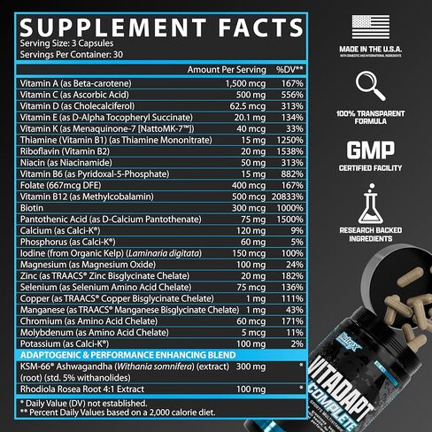 Nutrex Research Vitadapt Complete Sports Multivitamin for Men - 24 فيتامينات ، KSM -66 Ashwagandha والمعادن للرياضيين - رجال الفيتامينات (90 كبسولة) in Kuwait