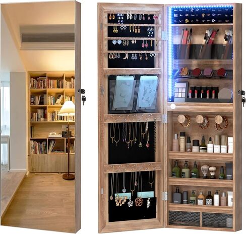 LVSOMT Wall/Door Hanging Mirror with Jewelry Storage, Lockable Jewelry Armoire Organizer with LED Lights, Mirror Jewelry Cabinet,Brown in Saudi Arabia
