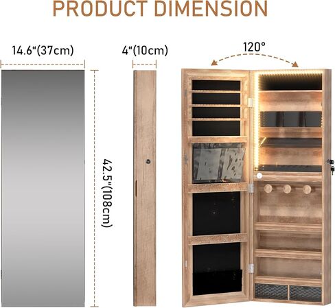 LVSOMT Wall/Door Hanging Mirror with Jewelry Storage, Lockable Jewelry Armoire Organizer with LED Lights, Mirror Jewelry Cabinet,Brown in Saudi Arabia