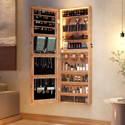 LVSOMT Wall/Door Hanging Mirror with Jewelry Storage, Lockable Jewelry Armoire Organizer with LED Lights, Mirror Jewelry Cabinet,Brown in Saudi Arabia