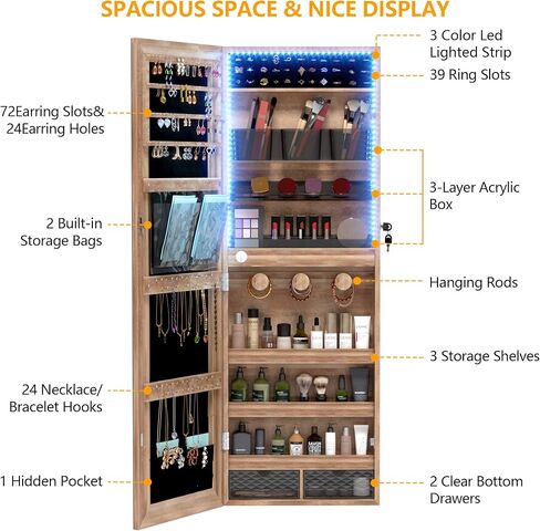 LVSOMT Wall/Door Hanging Mirror with Jewelry Storage, Lockable Jewelry Armoire Organizer with LED Lights, Mirror Jewelry Cabinet,Brown in Saudi Arabia