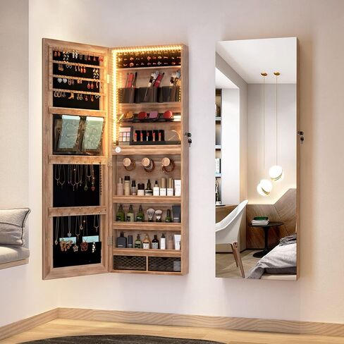 LVSOMT Wall/Door Hanging Mirror with Jewelry Storage, Lockable Jewelry Armoire Organizer with LED Lights, Mirror Jewelry Cabinet,Brown in Saudi Arabia