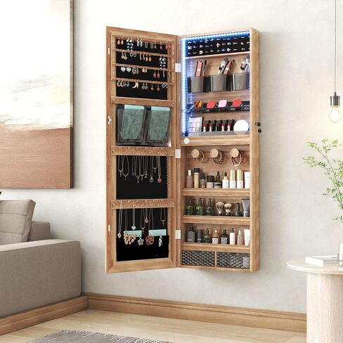 LVSOMT Wall/Door Hanging Mirror with Jewelry Storage, Lockable Jewelry Armoire Organizer with LED Lights, Mirror Jewelry Cabinet,Brown in Saudi Arabia