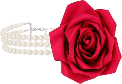 Chunky Large Rose Flower Pearl Necklace,Vintage Satin Fabric Camellia Choker Multi Layer Pearl Clavicle Statement Y2k Aesthetic Jewelry for Women in Saudi Arabia