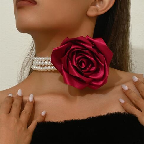 Chunky Large Rose Flower Pearl Necklace,Vintage Satin Fabric Camellia Choker Multi Layer Pearl Clavicle Statement Y2k Aesthetic Jewelry for Women in Saudi Arabia