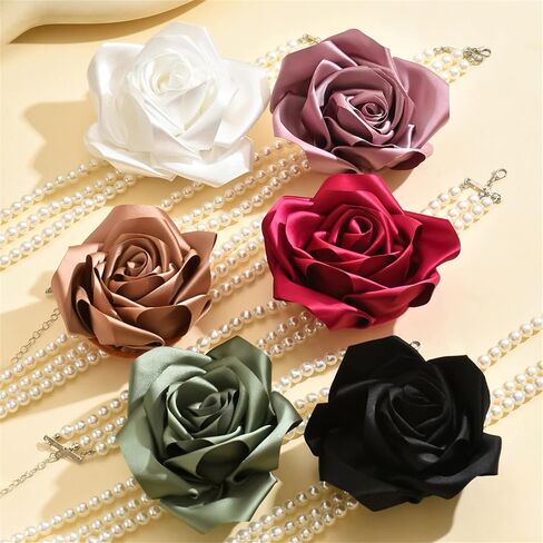 Chunky Large Rose Flower Pearl Necklace,Vintage Satin Fabric Camellia Choker Multi Layer Pearl Clavicle Statement Y2k Aesthetic Jewelry for Women in Saudi Arabia