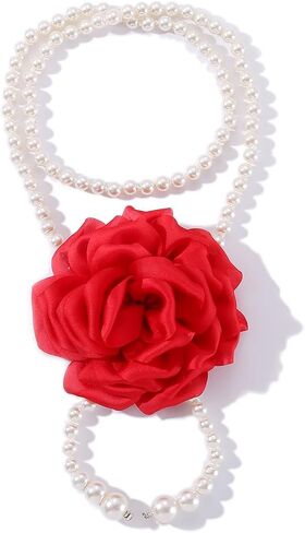Chunky Large Rose Flower Pearl Necklace,Vintage Satin Fabric Camellia Choker Multi Layer Pearl Clavicle Statement Y2k Aesthetic Jewelry for Women in Saudi Arabia