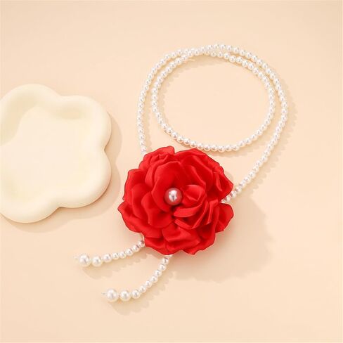Chunky Large Rose Flower Pearl Necklace,Vintage Satin Fabric Camellia Choker Multi Layer Pearl Clavicle Statement Y2k Aesthetic Jewelry for Women in Saudi Arabia