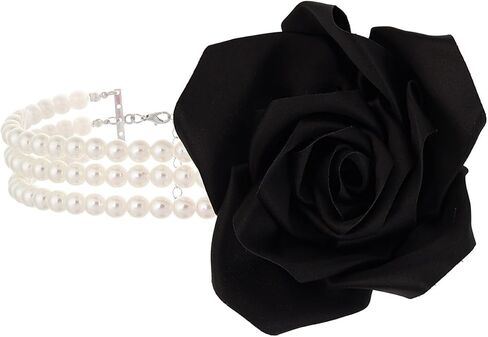 Chunky Large Rose Flower Pearl Necklace,Vintage Satin Fabric Camellia Choker Multi Layer Pearl Clavicle Statement Y2k Aesthetic Jewelry for Women in Saudi Arabia