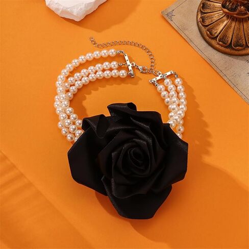Chunky Large Rose Flower Pearl Necklace,Vintage Satin Fabric Camellia Choker Multi Layer Pearl Clavicle Statement Y2k Aesthetic Jewelry for Women in Saudi Arabia