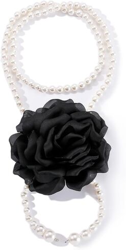 Chunky Large Rose Flower Pearl Necklace,Vintage Satin Fabric Camellia Choker Multi Layer Pearl Clavicle Statement Y2k Aesthetic Jewelry for Women in Saudi Arabia