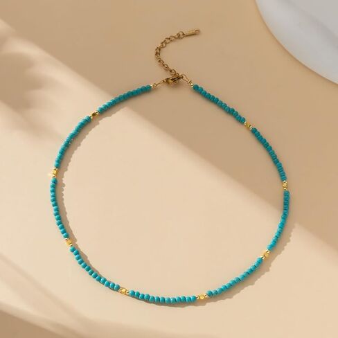Boho Beaded Necklaces for Women Waterproof Turquoise Bead Choker Necklace Beach Jewelry for Women Vacation Colorful Beaded Necklace with Charms Sun Heart Fish Starfish Necklaces Summer Bohemian Jewelry in Saudi Arabia