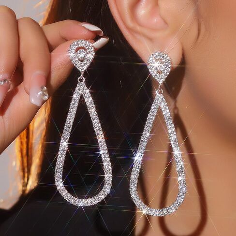 Bling Rhinestone Earrings for Women,Sparkly Silver Teardrop Dangling Earrings Trendy Large Chandelier Earring,Bridal Wedding Jewelry Accessories Gift in Saudi Arabia