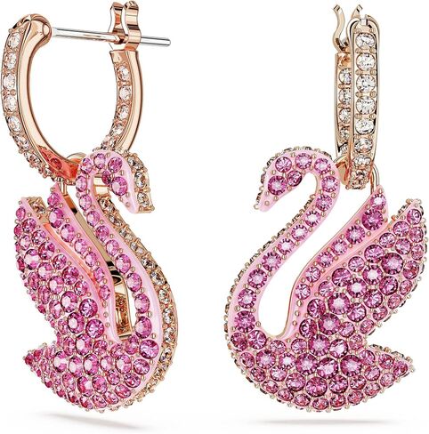 أقراط SWAROVSKI SWAN SWAN DROP ، عزر SWAN مع PAVé Pink Crystal Pavé على محيط نهائي من نغمة الذهب الوردي ، جزء من مجموعة Swarovski الشهيرة Swan in Saudi Arabia