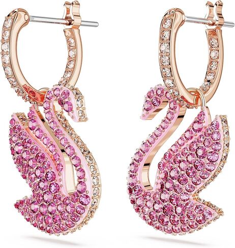 أقراط SWAROVSKI SWAN SWAN DROP ، عزر SWAN مع PAVé Pink Crystal Pavé على محيط نهائي من نغمة الذهب الوردي ، جزء من مجموعة Swarovski الشهيرة Swan in Saudi Arabia