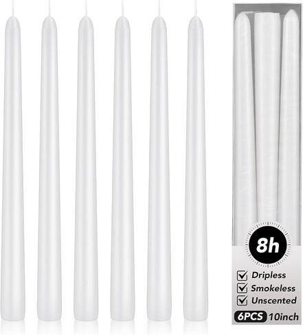KORCCI Ivory Taper Candles 10 Inch - Set of 6 Long Candles, 8 Hours Long Burning, Smokeless & Unscented & Dripless, for Weddings, Birthdays, Dinner Parties, Rituals, Prayer, Birthdays, Meditation in Saudi Arabia