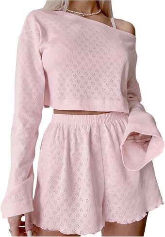 Milumia نساء 2 قطعة Pajama Lounge مجموعة العيينة قبالة الكتف كتف طويلة الأكمام سراويل القصيرة in Saudi Arabia