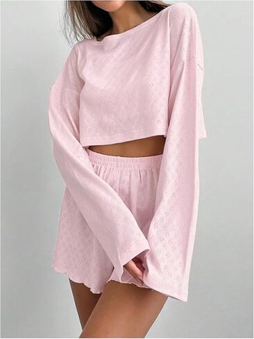 Milumia نساء 2 قطعة Pajama Lounge مجموعة العيينة قبالة الكتف كتف طويلة الأكمام سراويل القصيرة in Saudi Arabia