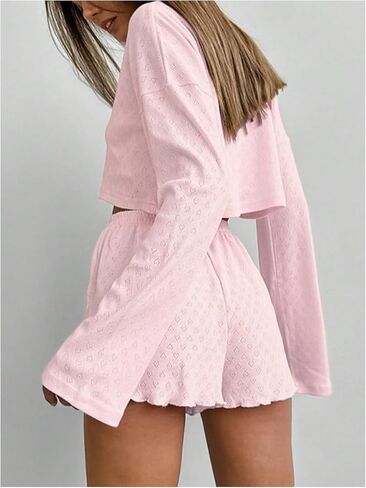 Milumia نساء 2 قطعة Pajama Lounge مجموعة العيينة قبالة الكتف كتف طويلة الأكمام سراويل القصيرة in Saudi Arabia