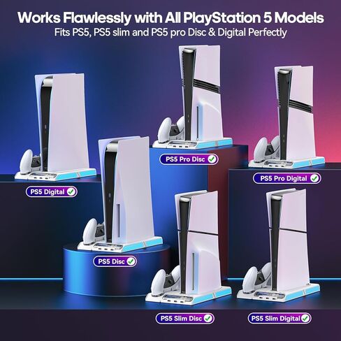 محطة تبريد PS5 Slim/PS5 مع سرعة مروحة تلقائية عن طريق التحكم في درجة الحرارة، محطة إرساء عمودية لـ PS5 مع مروحة تبريد بأربعة مستويات وRGB، ملحقات PS5 مع شاحن وحدة تحكم للأصل/الحافة و3 محاور USB in Kuwait