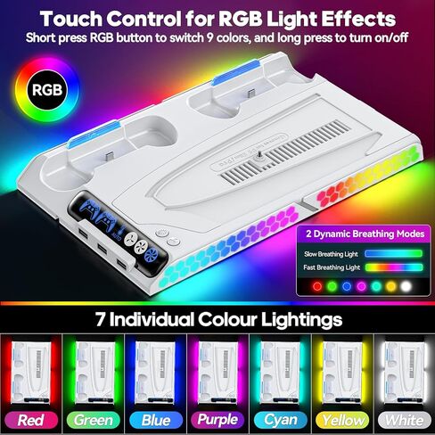 محطة تبريد PS5 Slim/PS5 مع سرعة مروحة تلقائية عن طريق التحكم في درجة الحرارة، محطة إرساء عمودية لـ PS5 مع مروحة تبريد بأربعة مستويات وRGB، ملحقات PS5 مع شاحن وحدة تحكم للأصل/الحافة و3 محاور USB in Kuwait