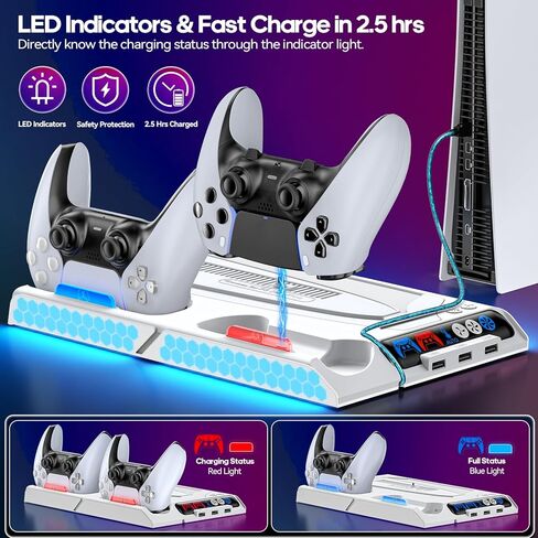 محطة تبريد PS5 Slim/PS5 مع سرعة مروحة تلقائية عن طريق التحكم في درجة الحرارة، محطة إرساء عمودية لـ PS5 مع مروحة تبريد بأربعة مستويات وRGB، ملحقات PS5 مع شاحن وحدة تحكم للأصل/الحافة و3 محاور USB in Kuwait