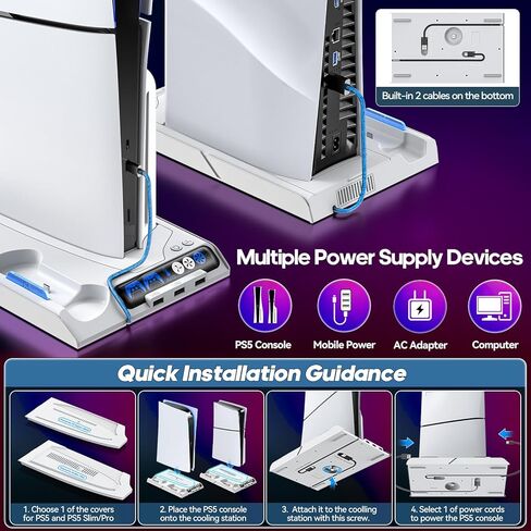 محطة تبريد PS5 Slim/PS5 مع سرعة مروحة تلقائية عن طريق التحكم في درجة الحرارة، محطة إرساء عمودية لـ PS5 مع مروحة تبريد بأربعة مستويات وRGB، ملحقات PS5 مع شاحن وحدة تحكم للأصل/الحافة و3 محاور USB in Kuwait