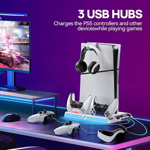 محطة تبريد PS5 Slim/PS5 مع سرعة مروحة تلقائية عن طريق التحكم في درجة الحرارة، محطة إرساء عمودية لـ PS5 مع مروحة تبريد بأربعة مستويات وRGB، ملحقات PS5 مع شاحن وحدة تحكم للأصل/الحافة و3 محاور USB in Kuwait