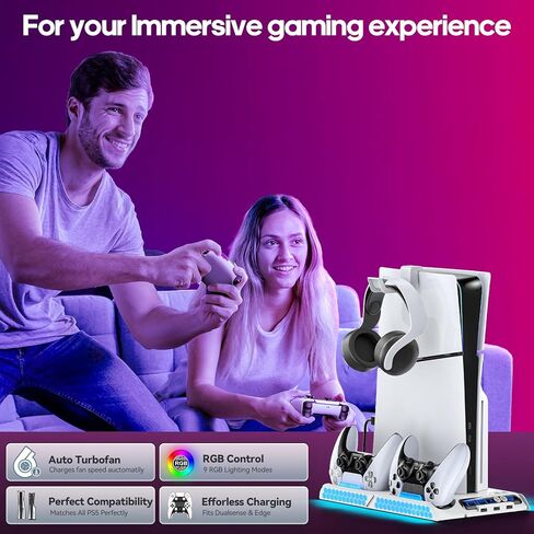 محطة تبريد PS5 Slim/PS5 مع سرعة مروحة تلقائية عن طريق التحكم في درجة الحرارة، محطة إرساء عمودية لـ PS5 مع مروحة تبريد بأربعة مستويات وRGB، ملحقات PS5 مع شاحن وحدة تحكم للأصل/الحافة و3 محاور USB in Kuwait