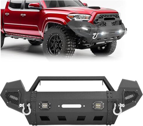 مجموعة مصد Hecasa الأمامية متوافقة مع 2016-2023 Toyota Tacoma 3rd Gen W/LED و D-Ring & Winch Plate 3pcs Steel Powder Black-2Packages in Saudi Arabia