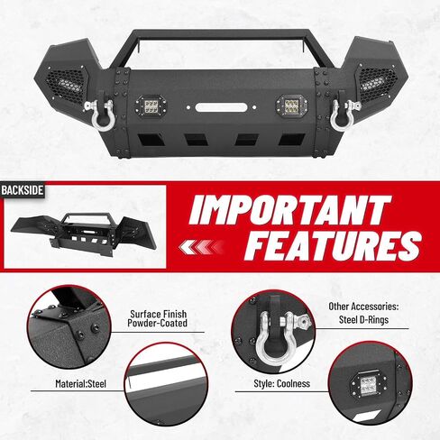 مجموعة مصد Hecasa الأمامية متوافقة مع 2016-2023 Toyota Tacoma 3rd Gen W/LED و D-Ring & Winch Plate 3pcs Steel Powder Black-2Packages in Saudi Arabia