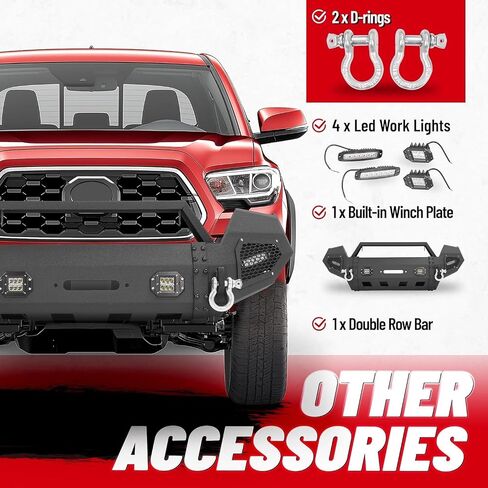 مجموعة مصد Hecasa الأمامية متوافقة مع 2016-2023 Toyota Tacoma 3rd Gen W/LED و D-Ring & Winch Plate 3pcs Steel Powder Black-2Packages in Saudi Arabia