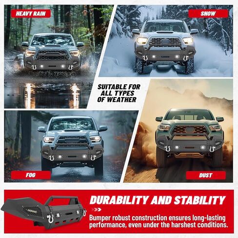 مجموعة مصد Hecasa الأمامية متوافقة مع 2016-2023 Toyota Tacoma 3rd Gen W/LED و D-Ring & Winch Plate 3pcs Steel Powder Black-2Packages in Saudi Arabia