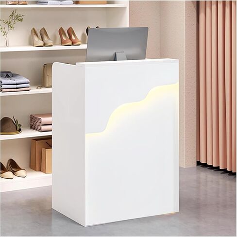 مكتب استقبال صغير مع ضوء مضاد LED ، مكتب الاستقبال الحديث مع درج قابل للقفل ، عداد الخروج من البيع بالتجزئة الأبيض لصالون تجميل متجر الملابس (الأبيض ، 37.8x23.6x15.7in) in Kuwait