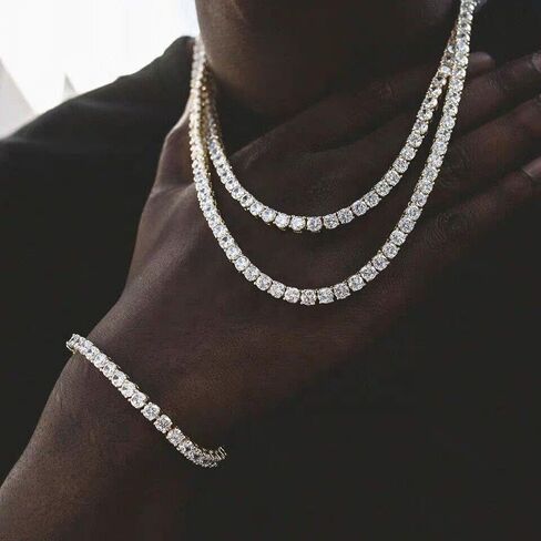 14K Gold Over S925 Necklace with Single-Row Hip-Hop Moissanite Tennis Chain – Simplicity Meets Elegance. The Beautiful Gift for Those Who Appreciate Classic Charm,Father's Day Gifts for Dad in Kuwait