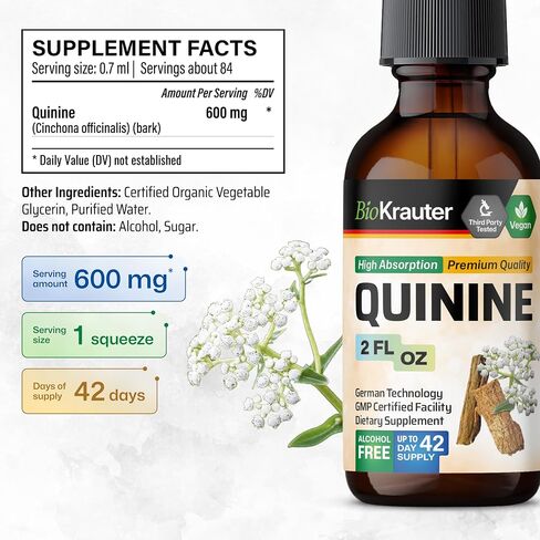 BIO KRAUTER Quinine for Leg Cramps Tincture - Cinchona Bark Extract - Vegan Quinine Liquid - Alcohol & Sugar Free Extract 4 Fl.Oz. in Saudi Arabia