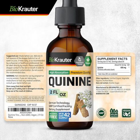 BIO KRAUTER Quinine for Leg Cramps Tincture - Cinchona Bark Extract - Vegan Quinine Liquid - Alcohol & Sugar Free Extract 4 Fl.Oz. in Saudi Arabia