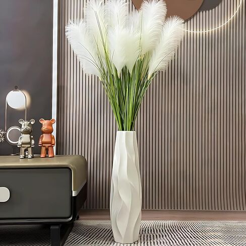 White Ceramic Floor Vase Decorative Tall 24" Flower Large Vase for Pampas Grass Modern with Sleek Glossy Glaze & Ripple Shape Design Minimalist Style for Living Room Office Home Decor in Saudi Arabia