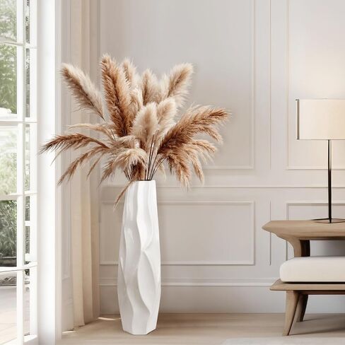 White Ceramic Floor Vase Decorative Tall 24" Flower Large Vase for Pampas Grass Modern with Sleek Glossy Glaze & Ripple Shape Design Minimalist Style for Living Room Office Home Decor in Saudi Arabia