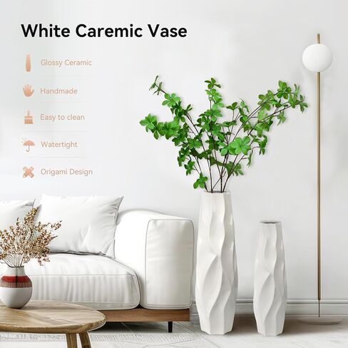 White Ceramic Floor Vase Decorative Tall 24" Flower Large Vase for Pampas Grass Modern with Sleek Glossy Glaze & Ripple Shape Design Minimalist Style for Living Room Office Home Decor in Saudi Arabia