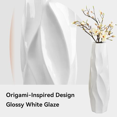 White Ceramic Floor Vase Decorative Tall 24" Flower Large Vase for Pampas Grass Modern with Sleek Glossy Glaze & Ripple Shape Design Minimalist Style for Living Room Office Home Decor in Saudi Arabia